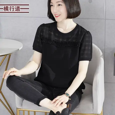 圆领拼接雪纺宽松短袖打底衫 2025新款夏装休闲T恤外穿女黑色半袖商品大图