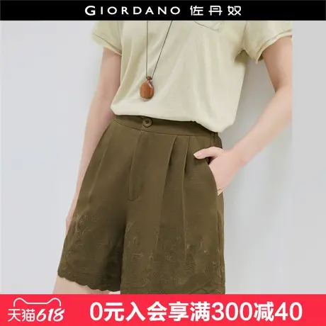 设计师款佐丹奴夏新款绣花波浪边裤脚半松紧腰休闲短裤女18405804商品大图