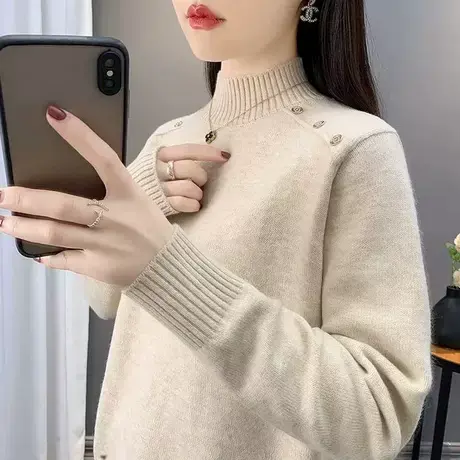 纯色半高领2025秋冬新款纽扣毛衣加厚女士内搭宽松针织衫打底上衣商品大图