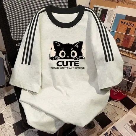 卡通猫咪纯棉t恤女oversize大码宽松街头风短袖ins潮情侣装上衣夏商品大图