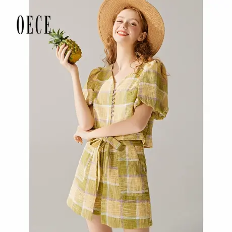 oece夏装新款女装冰氧青柠格复古学院设计感高腰修身短裤商品大图