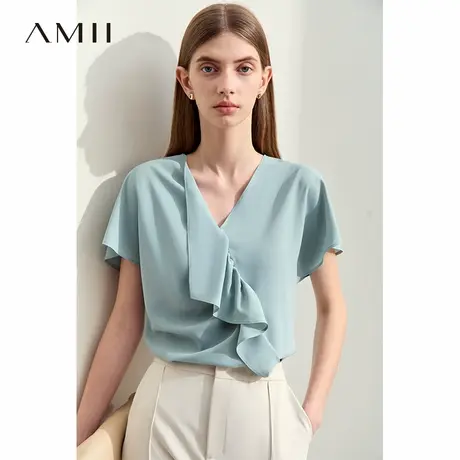 Amii2025夏新款通勤V领不对称拼荷叶边连袖雪纺T恤女碎褶上衣商品大图