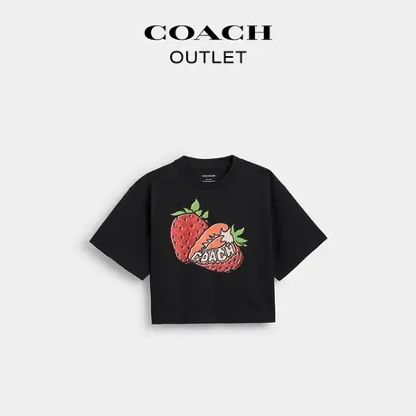 【新品】COACH/蔻驰奥莱女士黑色棉质草莓图案短款圆领短袖T恤图片