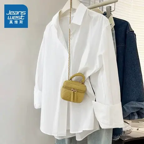 KMV真维斯白色衬衫女夏季2025新款宽松休闲长袖上衣凉感透气衬衣商品大图