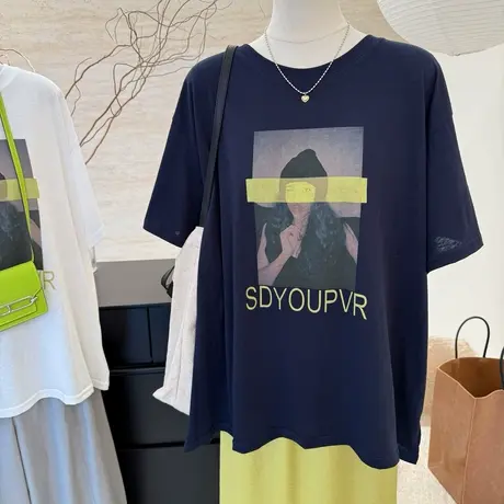 2025夏季新款韩系时尚百搭宽松慵懒女孩印花凉感雪花棉短袖T恤女商品大图