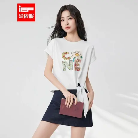 IEF/爱依服2025夏季新款韩版时尚印花通勤气质百搭正肩短袖上衣图片