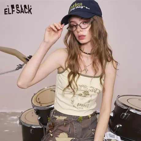 妖精的口袋刷金印花休闲吊带背心女2025年夏季新款设计感无袖上衣商品大图