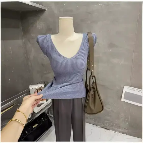 纯欲气质～性感显身材v领针织衫薄款百搭休闲修身短袖上衣女新款商品大图