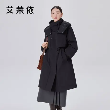 艾莱依时尚羽绒服女2023新款连帽收腰中长款气质流行风衣式外套冬商品大图