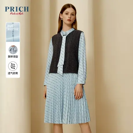 PRICH2023冬新品logo印花法式飘带领百褶裙摆修身长袖连衣裙女商品大图