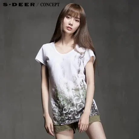 sdeer圣迪奥女装湿透水珠印花简约T恤S15280111图片