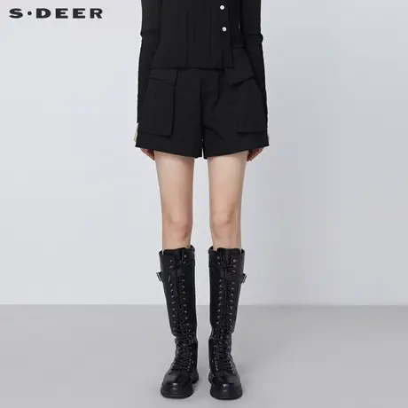 sdeer圣迪奥春装松紧拼接立体口袋黑色A字短裤S21460909图片