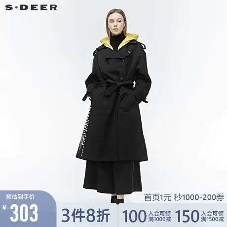 sdeer圣迪奥女装双排扣收腰字母胶印条纹拼接连帽风衣S19381815图片