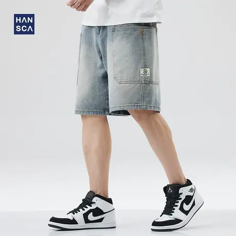 hansca复古牛仔短裤男宽松大码夏季潮牌大口袋休闲水洗直筒五分裤商品大图