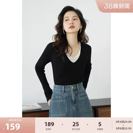 嘉茱莉早春新款假两件撞色打底衫女V领针织上衣小众内搭针织衫商品大图