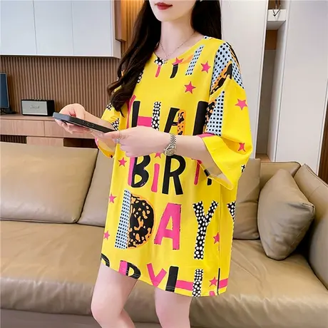 2025夏季新款韩版字母印花短袖t恤女大码女装宽松显瘦中长款上衣图片