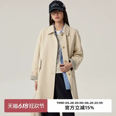 omont蛋挞家复古廓形中长款风衣外套2025春季简约撞色中长款上衣商品大图
