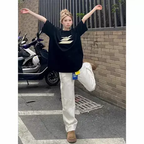 美式高街黑色短袖t恤夏季2025新款印花中长款情侣装半袖宽松上衣图片