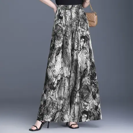 国风印花裙裤阔腿裤女春夏2025新款高腰宽松垂感长裤休闲大脚裤子图片