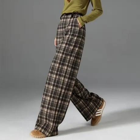 复古格子毛呢阔腿裤女2024秋冬新款加厚直筒裤宽松大码休闲拖地裤商品大图