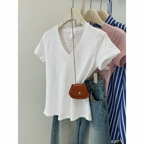 ins超火短袖T恤女夏季韩版修身打底衫内搭竹节棉V领正肩上衣半袖商品大图