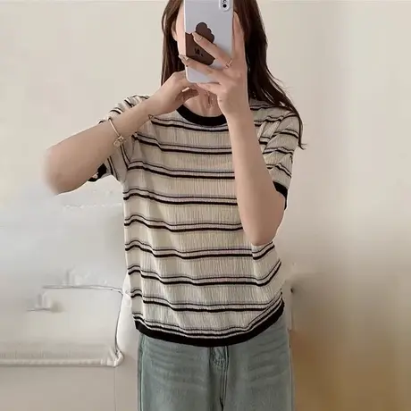 设计感条纹针织短袖t恤女2025新款春夏韩系穿搭薄款打底衫上衣潮图片