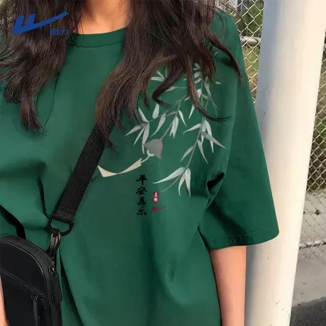 回力绿色短袖t恤女2025新款夏季大码女装中国风休闲半袖纯棉上衣A商品大图