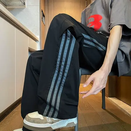 裤子男款黑色长裤宽松运动裤港风条纹休闲裤春秋季新款直筒阔腿裤商品大图