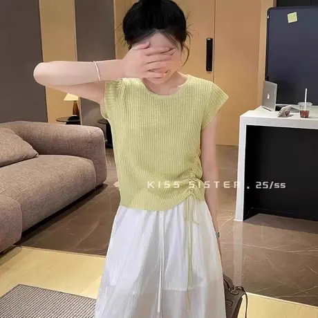 冰丝针织正肩短袖t恤女夏季设计感短款超好看特别漂亮的掐腰上衣图片