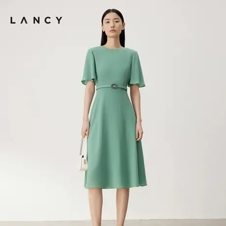 LANCY/朗姿2024夏新款醋酸收腰a字高腰连衣裙气质纯色优雅裙子女图片
