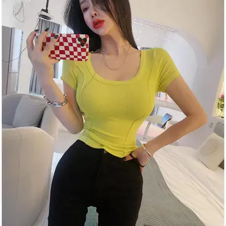 甜酷韩风～性感U领短袖t恤女紧身白色打底衫上衣显瘦半袖内搭春夏图片