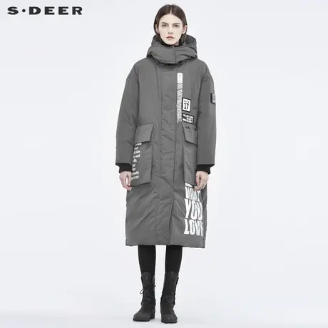 sdeer 圣迪奥字母涂层印胶几何口袋高领连帽长款羽绒服S18482469商品大图