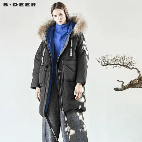 sdeer  圣迪奥女装高领连帽字母绣花飘带纯黑羽绒服S19462412商品大图