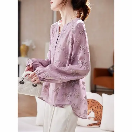 宝诗黎V领亮丝刺绣长袖上衣2025春季慵懒减龄百搭洋气莱赛尔衬衣图片