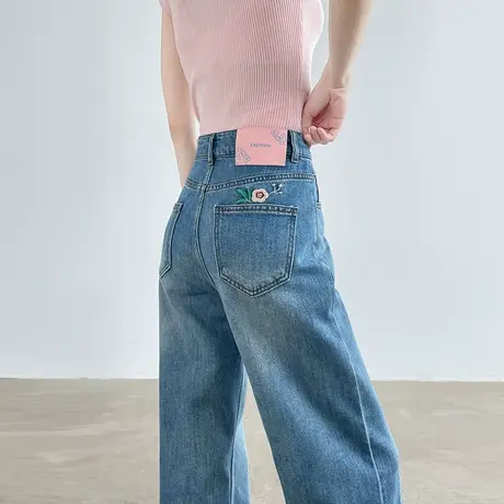 刺绣绣花蓝色阔腿牛仔裤女夏季薄款高腰宽松大码显瘦直筒拖地裤子商品大图