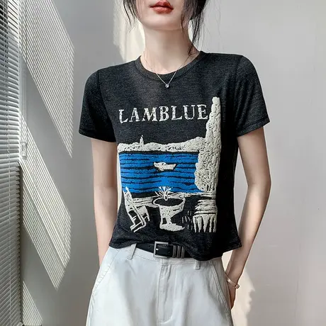 宽松韩版字母圆领短袖T恤女2025新款夏日休闲正肩流行超好看上衣图片