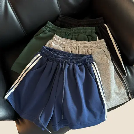 bf原宿风条纹运动休闲短裤女夏季宽松高腰抽绳直筒阔腿沙滩热裤潮商品大图