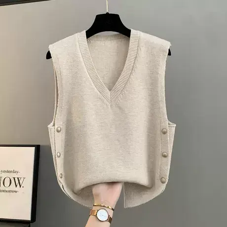 秋冬新款宽松简约毛衣V领背心马夹百搭纯色针织马甲坎肩上衣无袖商品大图