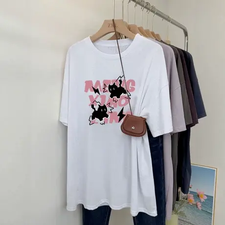 通勤穿搭夏日松弛感美式复古短袖T恤女ins潮甜酷风大码上衣圆领衫商品大图