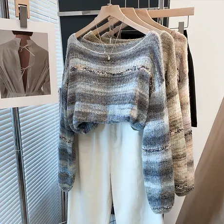 马海毛一字领条纹花纱毛衣女2025春秋新款宽松外穿上衣内搭打底衫商品大图