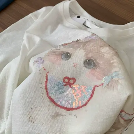 复古小猫咪~亮片蝴蝶结可爱猫短袖t恤女夏季宽松慵懒休闲圆领上衣商品大图