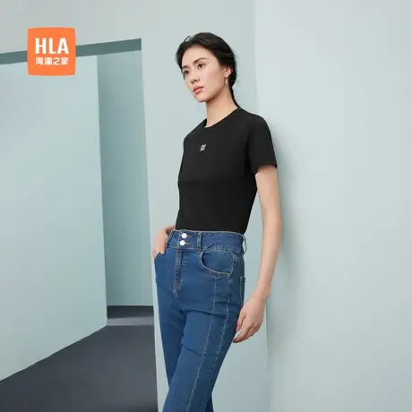 【凉感吸排】HLA/海澜之家短袖直筒T恤夏新圆领微弹黑色上衣女装图片