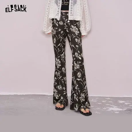 妖精的口袋复古黑色印花喇叭裤女205年夏季新款修身显瘦休闲裤子图片