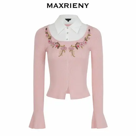 【奥莱】MAXRIENY文艺复古花卉衬衫领拼接套头针织衫上衣商品大图