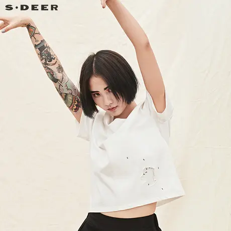 sdeer圣迪奥2019夏装蚂蚁印花破洞纯色短款圆领宽松T恤S17280217图片