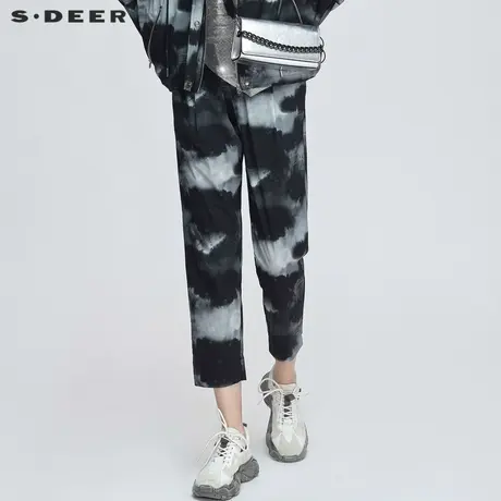 sdeer圣迪奥文艺休闲松紧插袋水墨晕染九分裤女S21160803图片