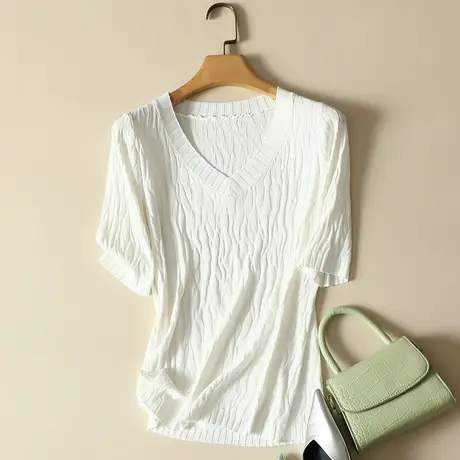 冰丝针织衫女装夏季新款V领宽松套头2022韩版短袖t恤女百搭上衣图片