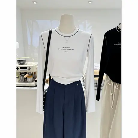 小众短款秋季新款简约字母印花明线圆领修身显瘦长袖打底衫T恤女图片