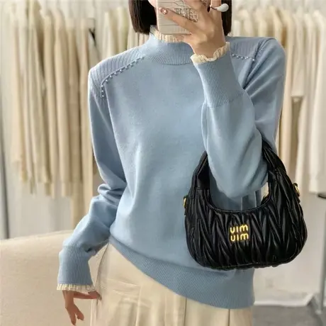 半高领打底衫女2024年秋冬新款肩膀钉珠宽松毛衣蕾丝拼接针织衫女图片