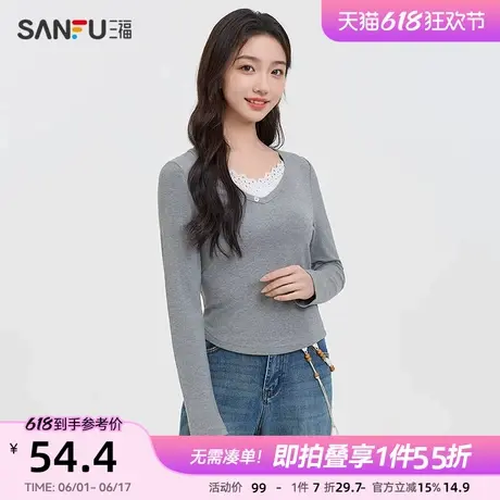 三福长T恤2025春季蕾丝花边V领弧形下摆上衣女装498137图片